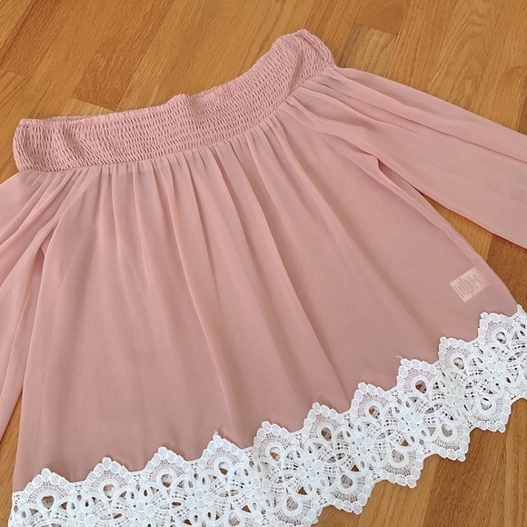 Anthropologie After Market Top Chiffon Lace Off Shoulder Blouse Pink Size S - Picture 5 of 9
